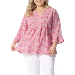 Agnes Orinda Women's Plus Size Pleated Ruffle 3/4 Sleeves V Neck Floral Blouse -Style Haven Shop GUEST ebaa8da6 1b6f 4677 b2d3 03b780a9c454