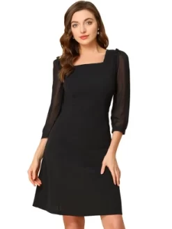 Allegra K Women's Square Neck Ruffle Trim Sheer 3/4 Sleeve Chiffon Mini Dress -Style Haven Shop GUEST ecfdac7e a70c 4fdb a8be 772b38addf81