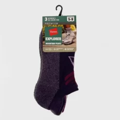 Hanes Explorer Mountain Peak 3pk No Show Socks - Purple 5-9