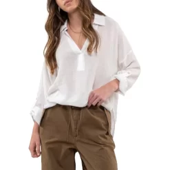 August Sky Women's Collared Split Neck Long Sleeve Top -Style Haven Shop GUEST ef18cd18 c232 4e53 8275 242ac3e05675