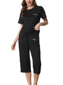 Cheibear Womens Sleepwear Pajama Set Round Neck Nightwear Lounge Pjs With Capri Pants -Style Haven Shop GUEST ef783d7d 3b35 4131 8bf4 db0aecebf46a