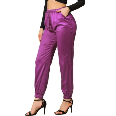 Allegra K Women's Drawstring Elastic Waist Athleisure Pants Ankle Length Satin Joggers With Pocket 18 Allegra K Women's Drawstring Elastic Waist Athleisure Pants Ankle Length Satin Joggers With Pocket - Image 16