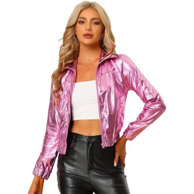 Allegra K Women's Track Holographic Shiny Long Sleeve Metallic Zip Front Jacket 15 Allegra K Women's Track Holographic Shiny Long Sleeve Metallic Zip Front Jacket - Image 13