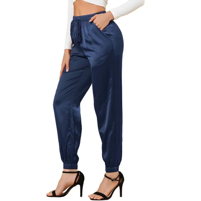 Allegra K Women's Drawstring Elastic Waist Athleisure Pants Ankle Length Satin Joggers With Pocket 13 Allegra K Women's Drawstring Elastic Waist Athleisure Pants Ankle Length Satin Joggers With Pocket - Image 11