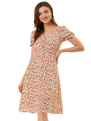 Allegra K Women's Floral Sweetheart Neck Smock Ruffle Print A-Line Dress 10 Allegra K Women's Floral Sweetheart Neck Smock Ruffle Print A-Line Dress - Image 8