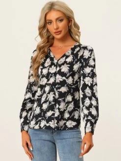 Allegra K Floral Blouse For Women's V Neck Button Up Long Sleeve Satin Blouses -Style Haven Shop GUEST f7d837f2 a962 45f1 bd40 412220ecf105