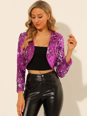 Allegra K Women's Sequin Jacket Long Sleeve Open Front Cropped Cardigan Bolero Shrug 4 Allegra K Women's Sequin Jacket Long Sleeve Open Front Cropped Cardigan Bolero Shrug - Image 2