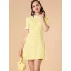 Allegra K Women's Summer Ruffle Neck Lace Panel Short Sleeve Check Gingham Dress