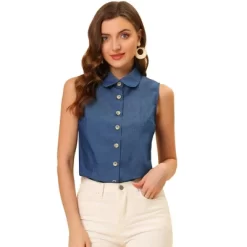 Allegra K Women's Casual Tops Sleeveless Button Down Peter Pan Collar Chambray Shirt -Style Haven Shop GUEST fd25c068 022d 4a79 ba62 6bcf086d7955