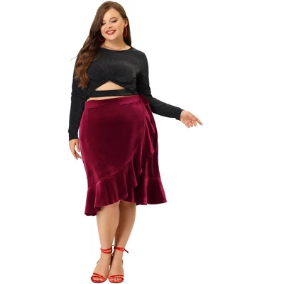 Agnes Orinda Women's Plus Size Skirt Ruffled Hem Velvet Wrap Skirts 4 Agnes Orinda Women's Plus Size Skirt Ruffled Hem Velvet Wrap Skirts - Image 2